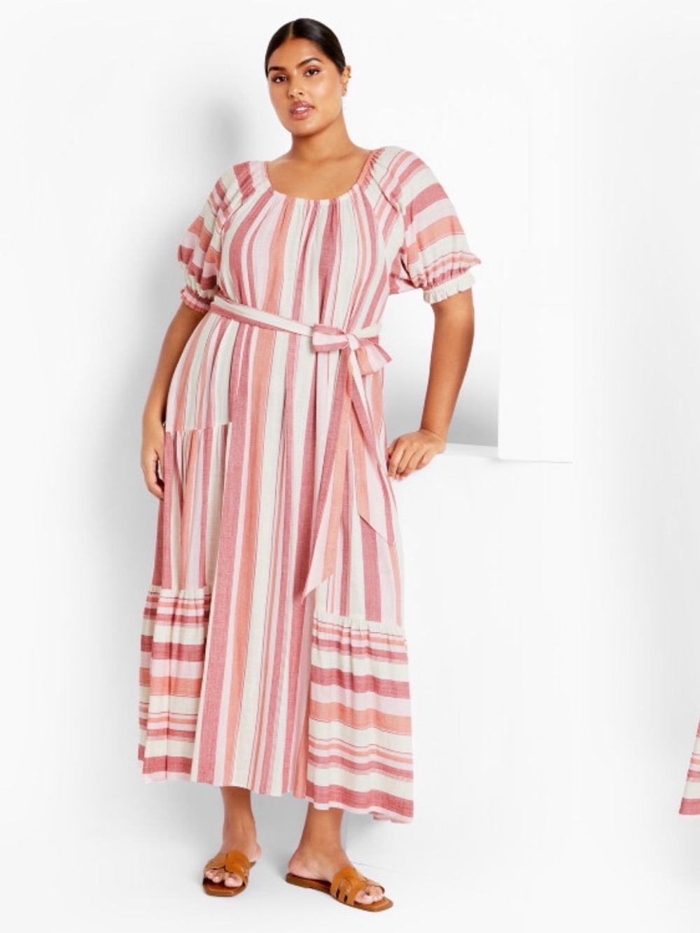 City Chic Jemima Dress Cosmo Striped Tiered Maxi Puff Sleeve Belted Pink Plus